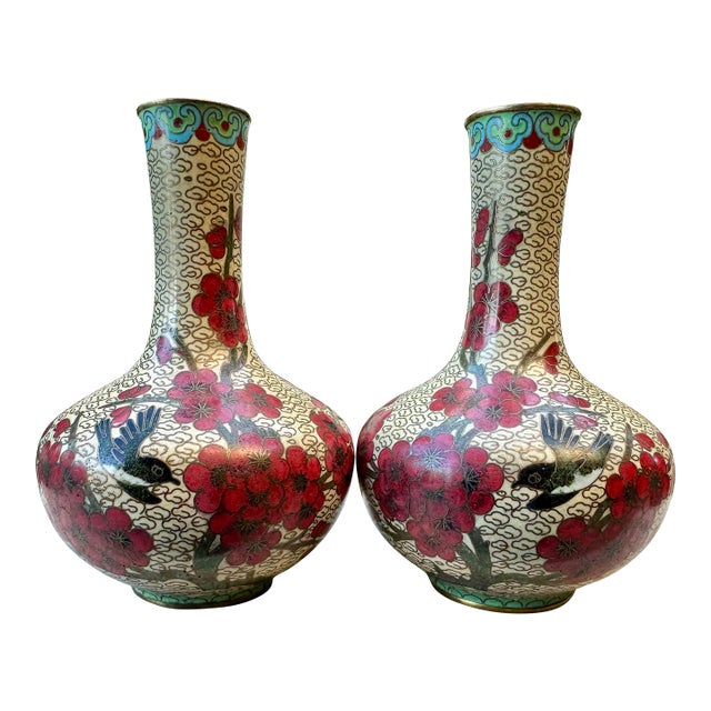 Pair of Antique Chinese Cloisonne Mirrored Vases With Bird Floral Pattern For Sale