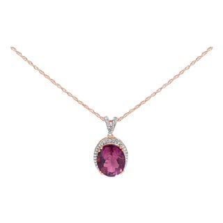 14K Rose Gold Vermeil Sterling Silver 1/5 Cttw Diamond Pink Quartz Oval Pendant Necklace For Sale