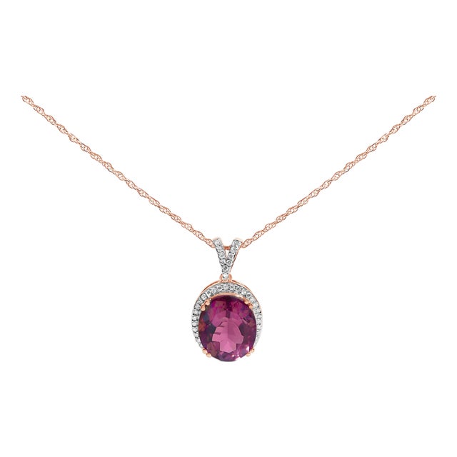 14K Rose Gold Vermeil Sterling Silver 1/5 Cttw Diamond Pink Quartz Oval Pendant Necklace For Sale