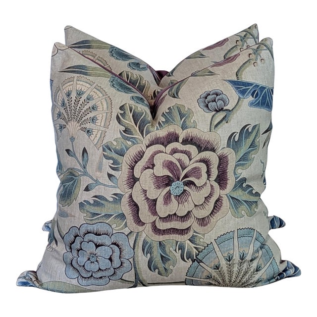 Thibaut Cleo Pillows in Plum & Blue With Schumacher Glazed Linen Backs For Sale