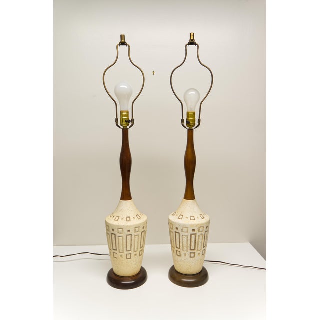 Mid-Century Modern Mid Twentieth Century Modern Table Lamps Ceramic and Walnut - a Pair For Sale - Image 3 of 9