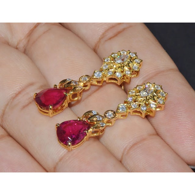 Gemstone Certified Natural 5.86CTS VS F Diamond Rubellite Tourmaline Dangle Earrings, A Pair For Sale - Image 7 of 10