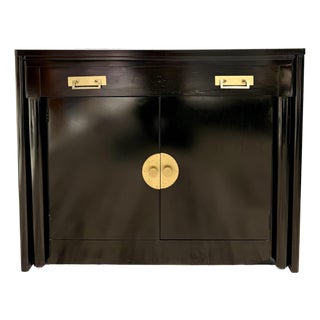 Mid-Century Black Lacquer Chinoiserie Convertible Dining Table Cabinet For Sale