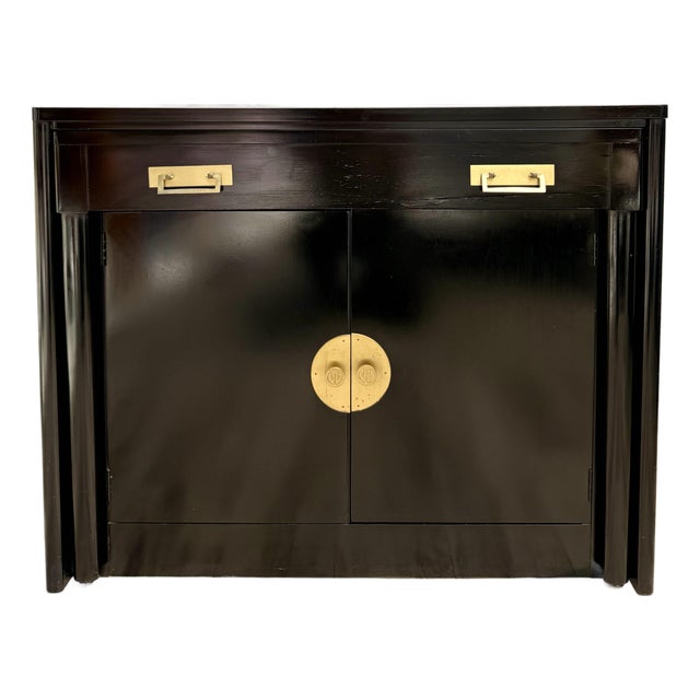 Mid-Century Black Lacquer Chinoiserie Convertible Dining Table Cabinet For Sale