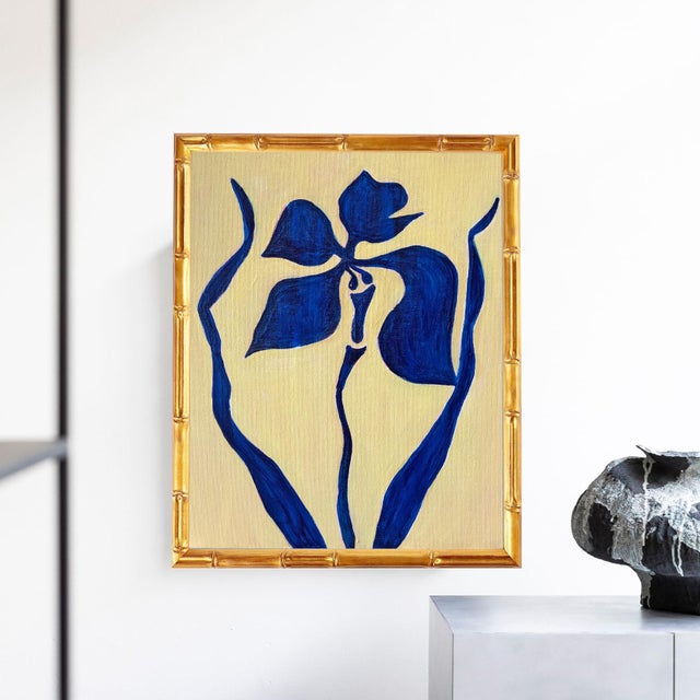 A beautifully composed and graphic original painting featuring a single iris flower rendered in bold cobalt blue against a...