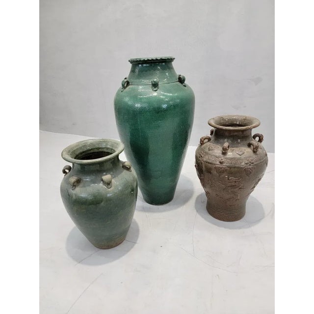 Modern Antique Stoneware Small Green-Glazed Mataban Jar Vase For Sale - Image 3 of 4