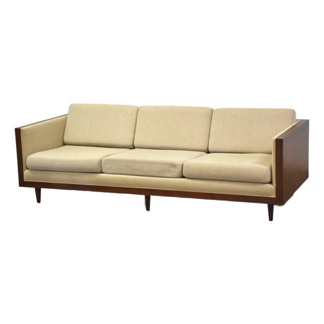 1960s Milo Baughman Style Walnut Beige Case Sofa For Sale