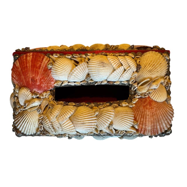 1970s Vintage Handmade Seashell Encrusted Coastal Folk Art Tissue Box Cover With Red Velvet Lining For Sale - Image 5 of 8