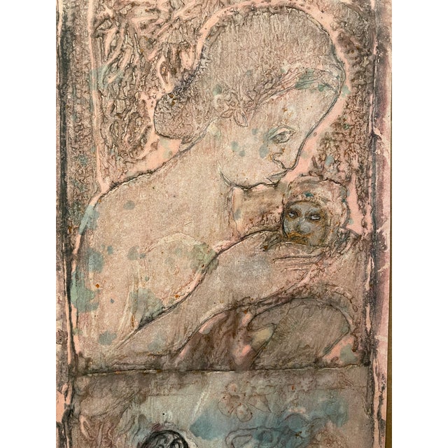 1983 print with linocut, embossing and hand coloring by "E Ball" and dated. Combined shipping available, please inquire.
