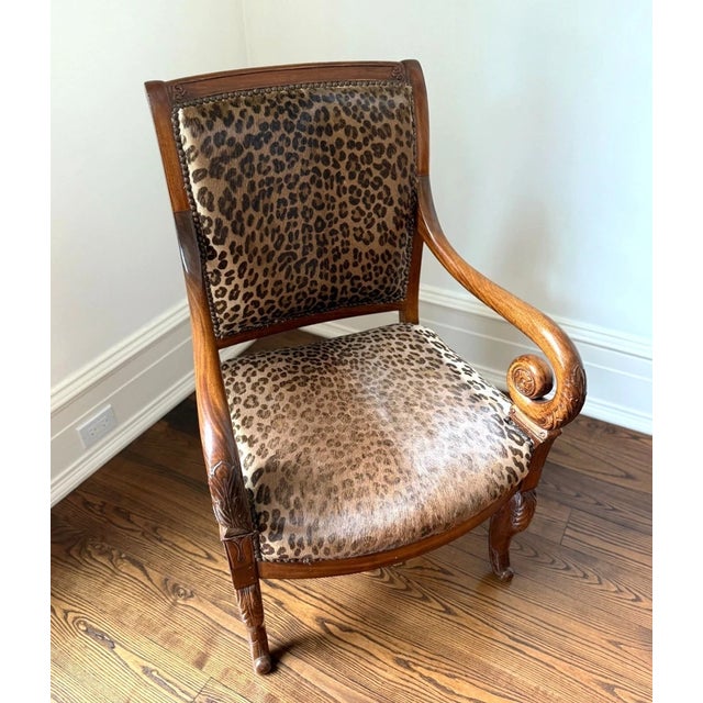 Mid 20th Century Empire Style Leopard Print Animal Hide Carved Wood Arm Chair For Sale - Image 9 of 13