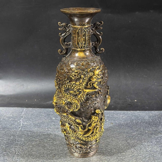 Late 20th Century Gilt Bronze Vase With Dragon & Phoenix Relief For Sale In Los Angeles - Image 6 of 8