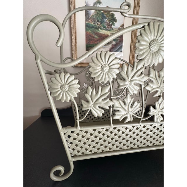 Vintage Late 20th Century Wrought Iron Floral Magazine Rack With Daisy & Leaf Metalwork- Cottage Shabby Chic Décor For Sale - Image 12 of 12