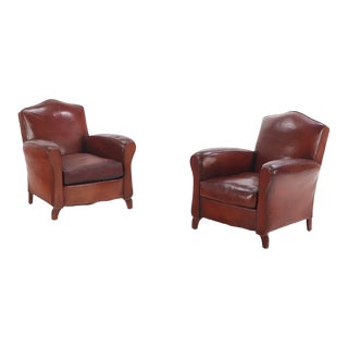 A Pair of French Leather Club Chairs, C 1940. For Sale