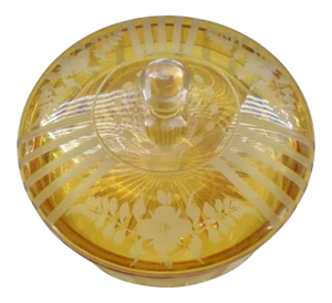 1930s Heisey Amber Glass Wheel Cut Design Candy Dish