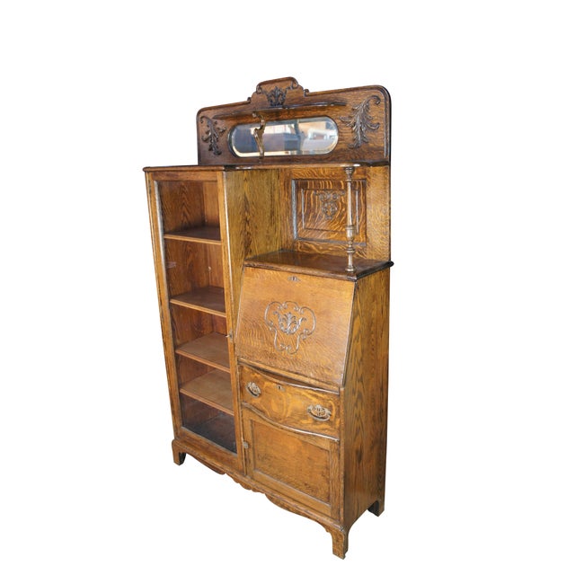 Art Nouveau Antique Quartersawn Oak Side by Side Secretary Desk Bookcase Curio Cabinet For Sale - Image 3 of 13
