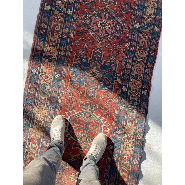 1920s Antique Northwest Persian Heriz Runner Rust, Camel, French Blue Rug 3.4 x 10.6 For Sale - Image 5 of 12