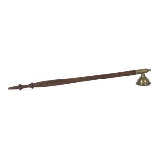 Antique Brass and Wood Candle Snuffer With Match Striker Long Handle For Sale