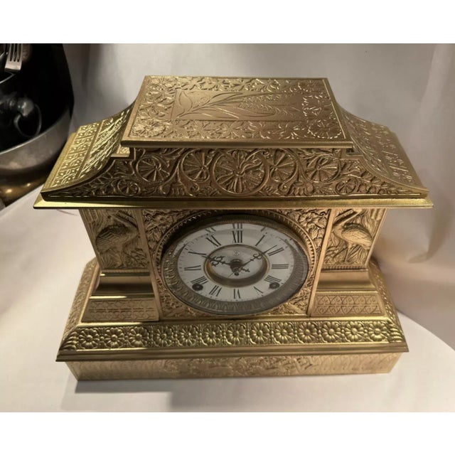 Metal 19th Century Cast Metal Aesthetic Style Mantel Clock by Kroeber- “Arabia” Model For Sale - Image 7 of 12