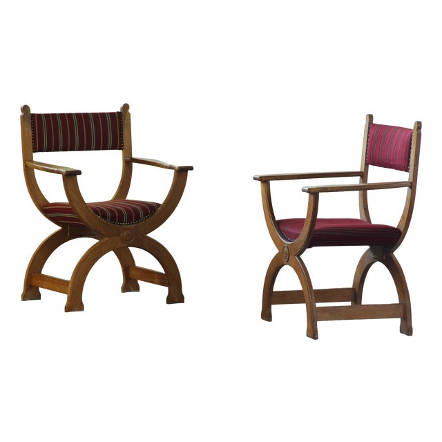 Vintage Brutalist Kurul Armchairs in Oak by Henning Kjærnulf, 1960s, Set of 2 For Sale
