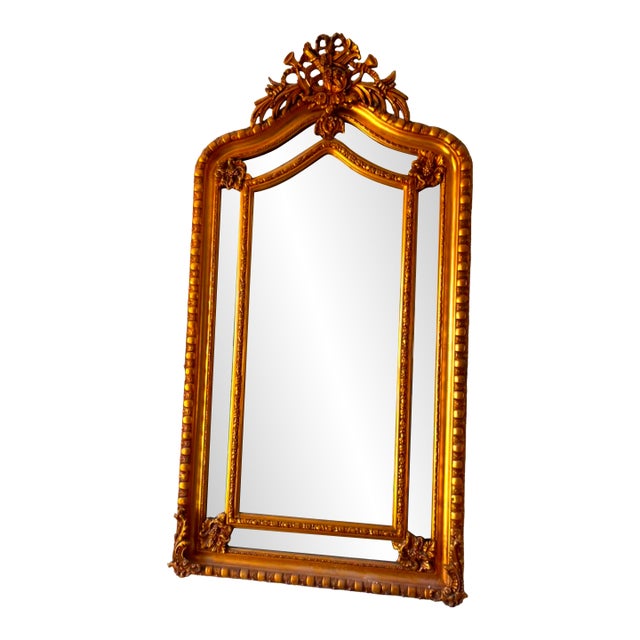 French Rococo Gold Leaf Wall Mirror With Ornate Floral Crest & Carved Decorative Frame For Sale