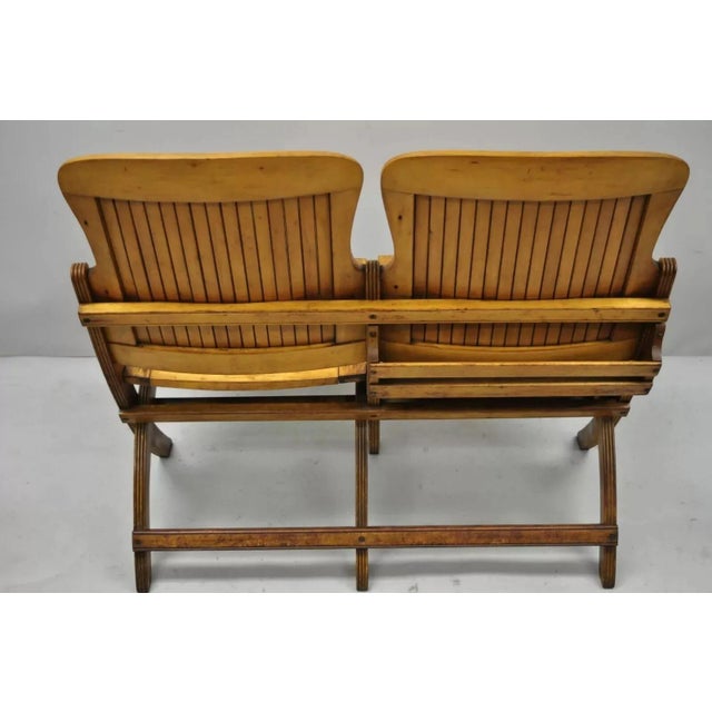 Early 20th Century Antique Vintage Wood Slat Double Folding Theater Seat School Chair Old Bench For Sale - Image 9 of 12