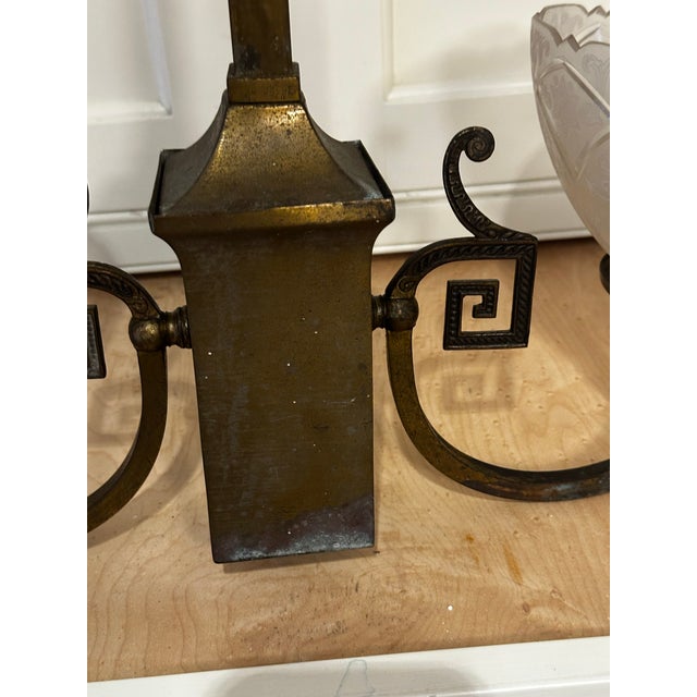 Vintage Two Arm Brass Fixture With Vintage Etched Glass Gas Shades For Sale - Image 12 of 12