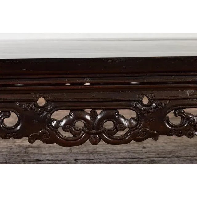 19th Century Chinese Qing Dynasty Low Kang Coffee Table with Carved Apron & Dark Lacquer For Sale - Image 9 of 13