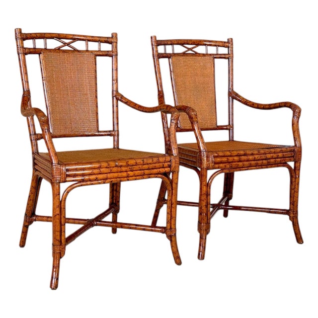 Vintage British Colonial Style Tortoise Rattan Cane Captain’s Chairs – Pair For Sale
