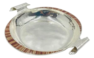 1980s Large Emilia Castillo Silver-Plate & Jasper Inlay Serving Bowl, Mexican Silver
