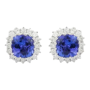 18k White Gold Cushion Cut Tanzanite and Diamond Stud Earrings - 2 Pieces