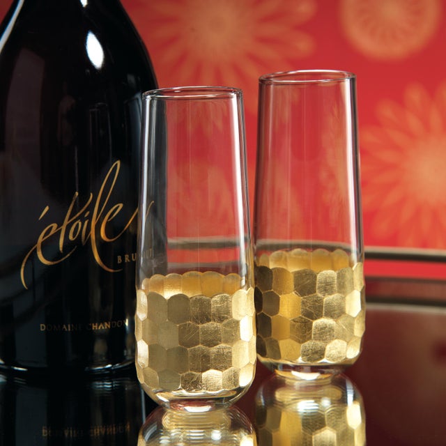 Fez Cut Stemless Champagne Glass with Gold Leaf - Set Of Six A Champagne flute glass can be purely functional. Or it can...