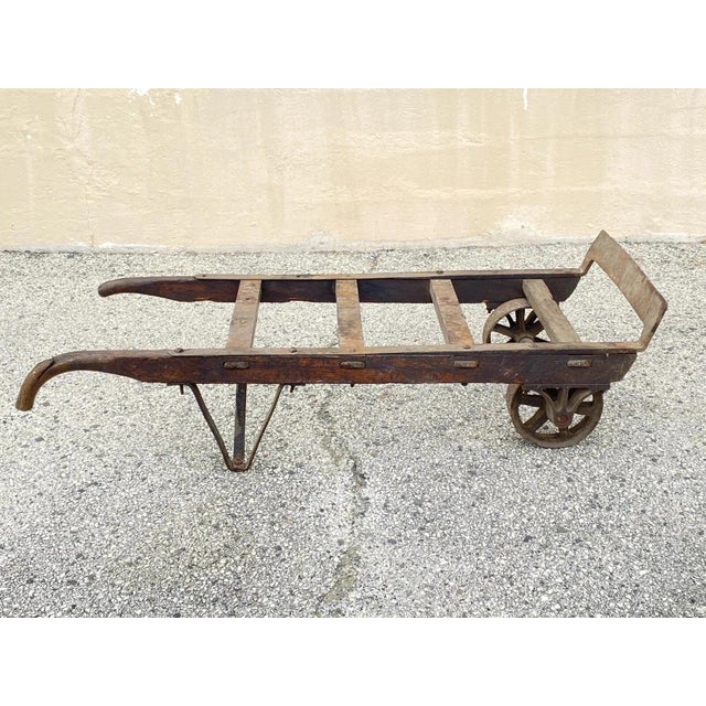 Antique Industrial Vintage Oak Wood and Steel Metal Factory Hand Truck For Sale - Image 12 of 12