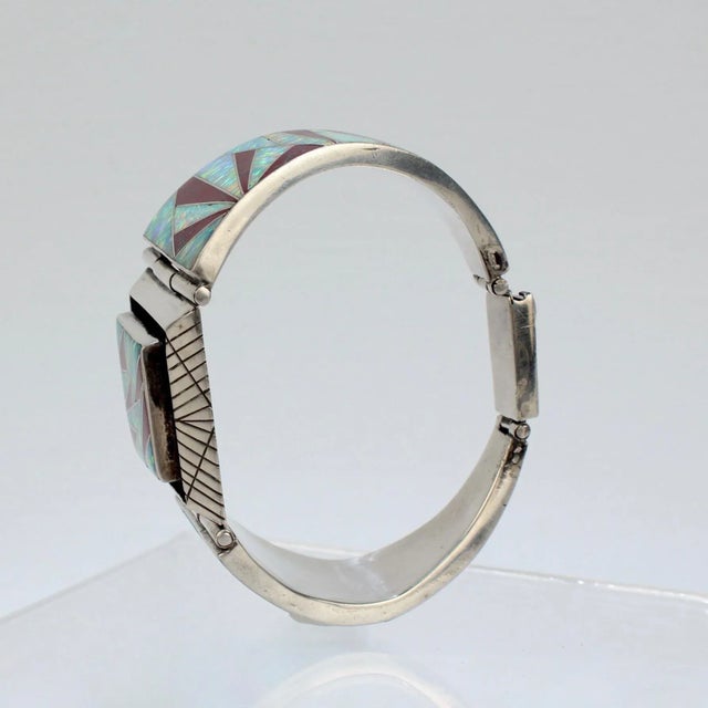Native American Vintage Signed Old Pawn Zuni Sterling Silver, Opal, & Red Jasper Bracelet For Sale - Image 3 of 12