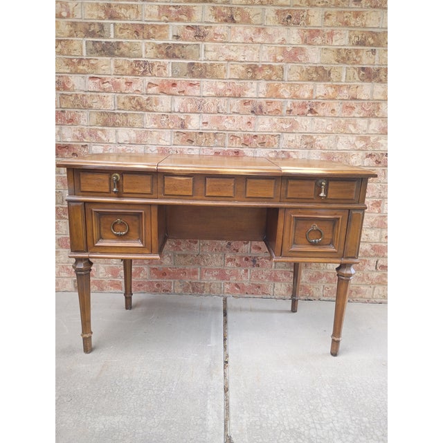 Vintage 1960s Drexel Esperanto Poudre Pecan Wood Vanity With Lift-Up Mirror For Sale - Image 4 of 12