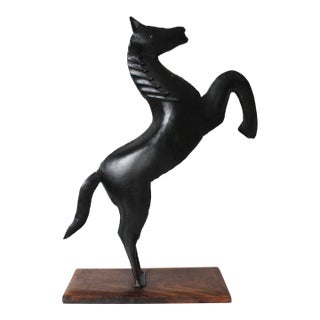 Folk Art Cast Metal Painted Black Rearing Horse on Wood Base For Sale