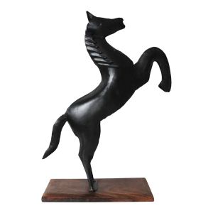 Folk Art Cast Metal Painted Black Rearing Horse on Wood Base