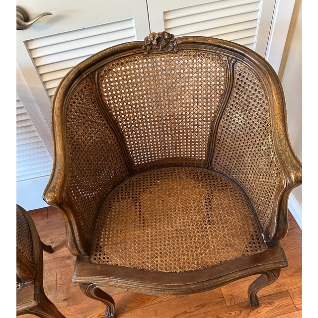 French Vintage French Louis XV Style Carved Wood With Cane Arm Chairs a-Pair For Sale - Image 3 of 16