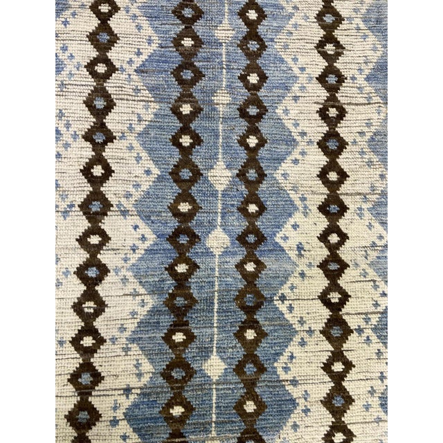 Handcrafted Blue Modern Moroccan-Style Wool Rug With Geometric Patterns For Sale - Image 4 of 4