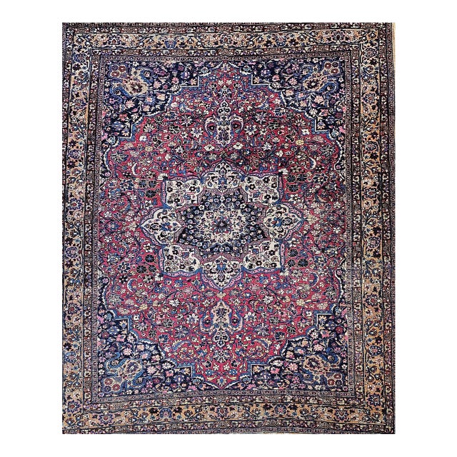 Vintage Persian Khorassan Rug, Hand-Knotted Wool, Floral Pattern, Crimson & Camel, 9x12 For Sale