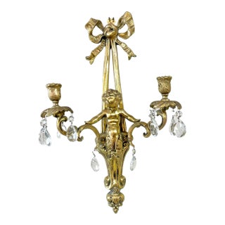 Mid 20th Century Vintage Hollywood Regency Brass Cherub and Ribbon Swag Crystal Wall Sconce For Sale