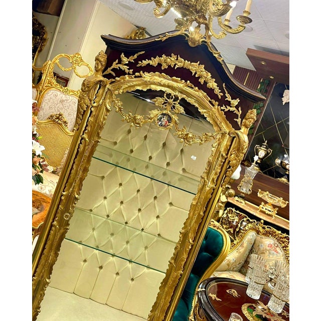 2010s French Louis XVI Display Vitrine With Gold Leaf Details, Tufted Interior & Glass Shelves For Sale - Image 5 of 7