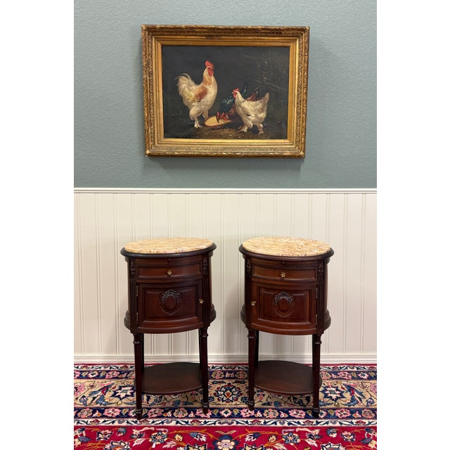 French Antique Pair French Louis XVI Style Marble Top NIghtstands End Tables c.1920s-30 For Sale - Image 3 of 18