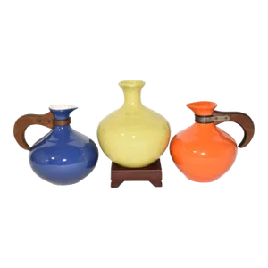 Mid 20th Century Bauer Pottery Set of 3 Mid Century Modern Jugs Pitchers Orange Blue & Chartreuse- 3 Pieces
