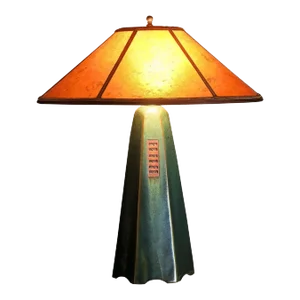 Handcrafted Artisan Stoneware Lamp in Moss Glaze With Amber Mica Shade