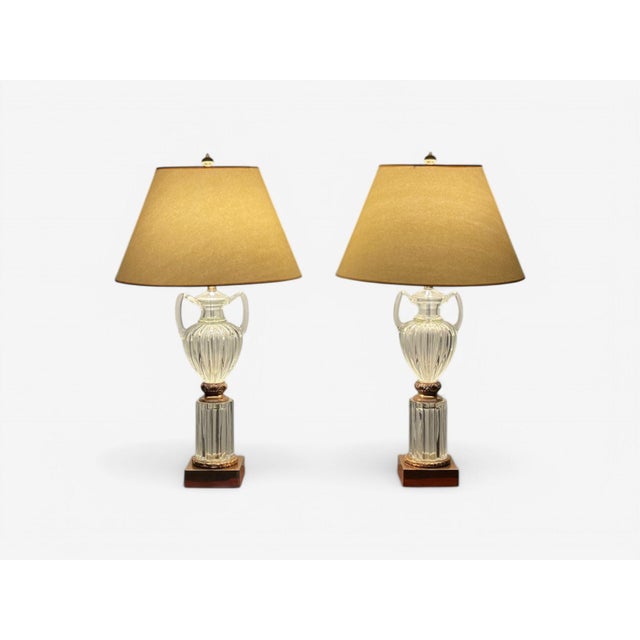 Marbro Lamp Co., Hollywood Regency, Urn Form Table Lamps, Glass, Brass, USA, 2000s A remarkable and sizable pair of glass...