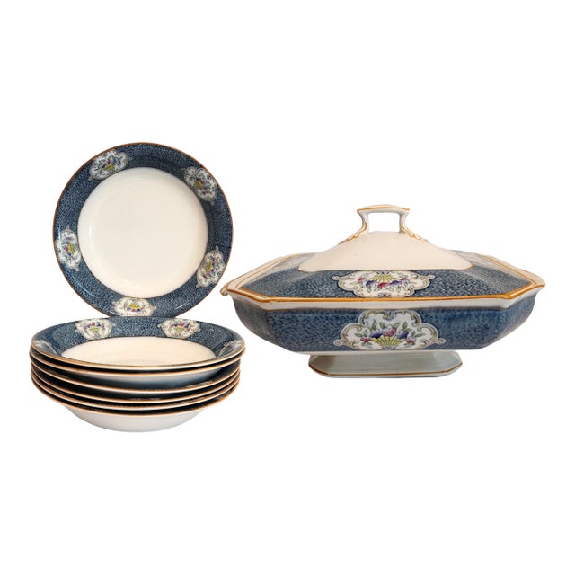 Antique J & G Meakin Newark Soup Tureen & Bowl Set – Blue Floral & Gold Trim- 7 Pieces For Sale