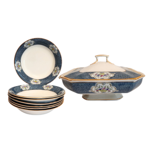 Antique J & G Meakin Newark Soup Tureen & Bowl Set – Blue Floral & Gold Trim- 7 Pieces