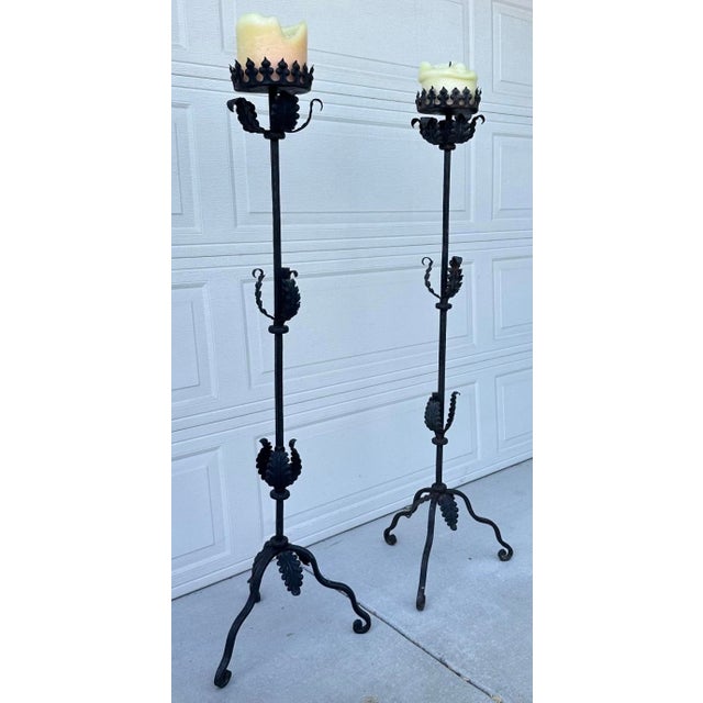 Mid 20th Century Spanish Forged Iron Floor Candlesticks, Torchieres 5 Ft Tall - Pair For Sale - Image 4 of 16