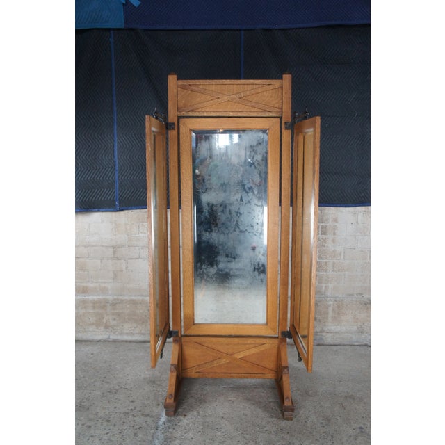 Antique Mission Oak & Iron Trifold Cheval Tailors Haberdashers Dressing Mirror For Sale - Image 4 of 11