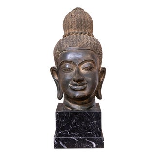 Ancient Buddha Head Sculpture, 19th Century, Bronze and Marble For Sale